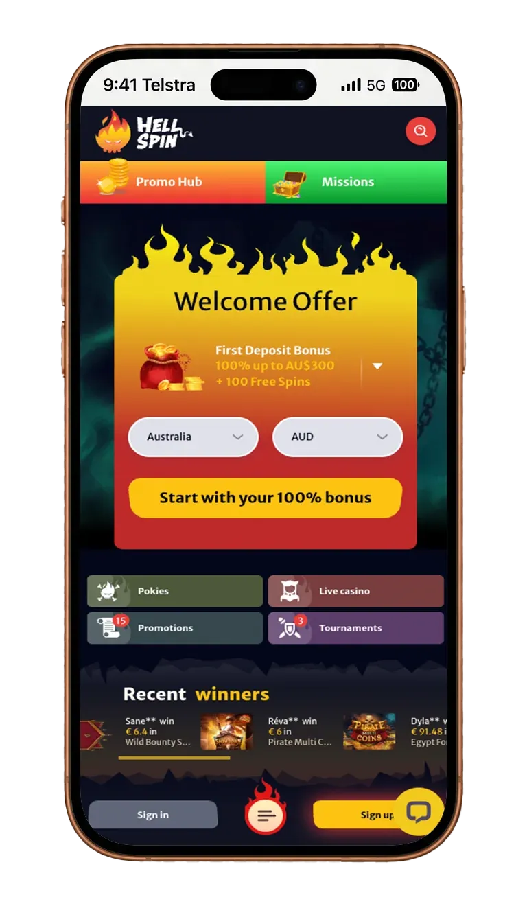 HellSpin app screen 1