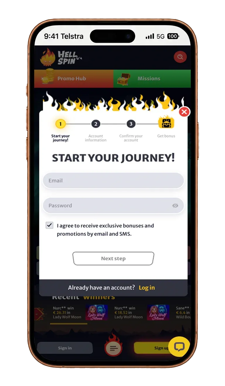 HellSpin app screen 2
